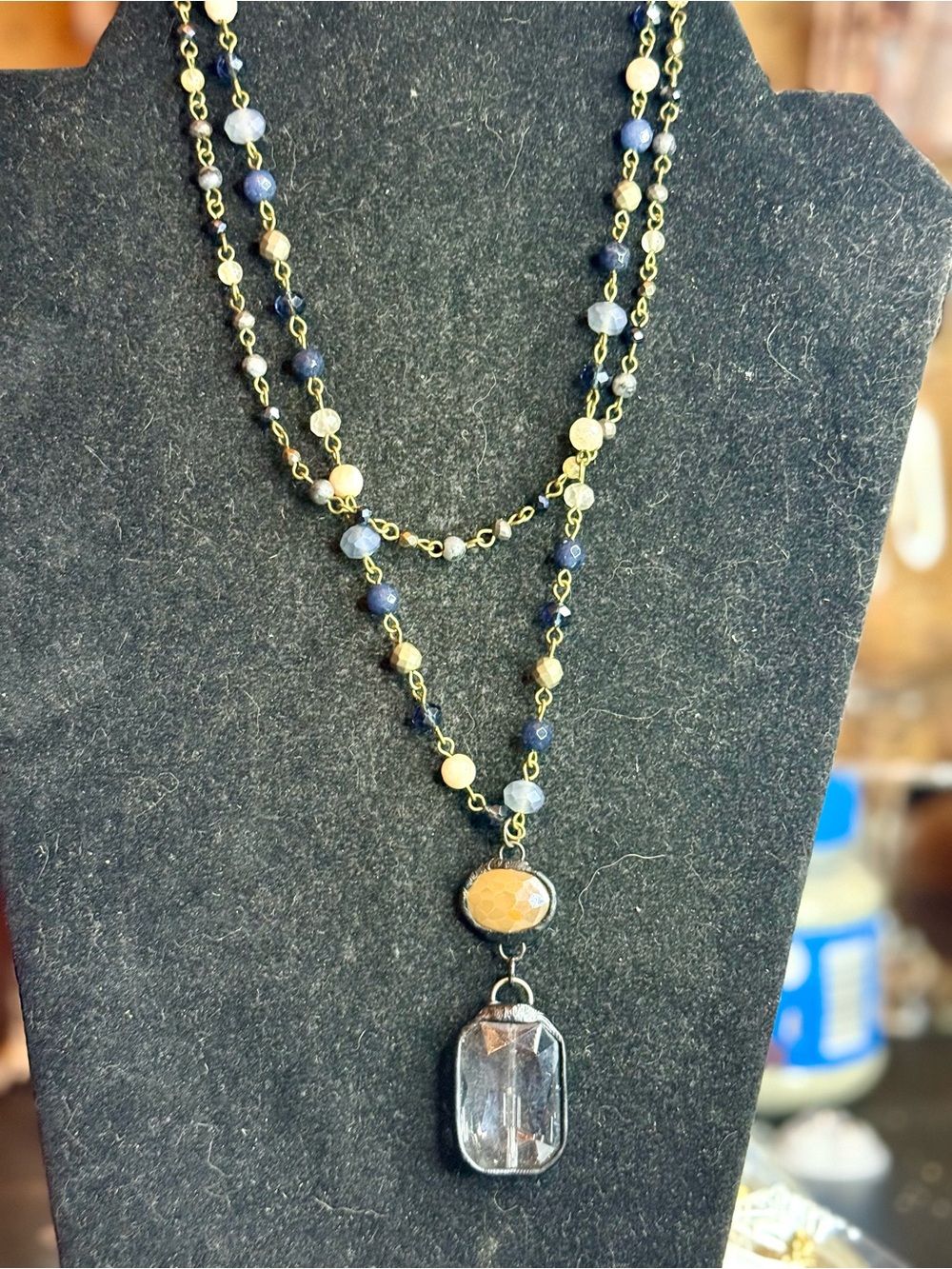Hand Crafted Navy Blue and Cream Layered Beaded Pendant Necklace